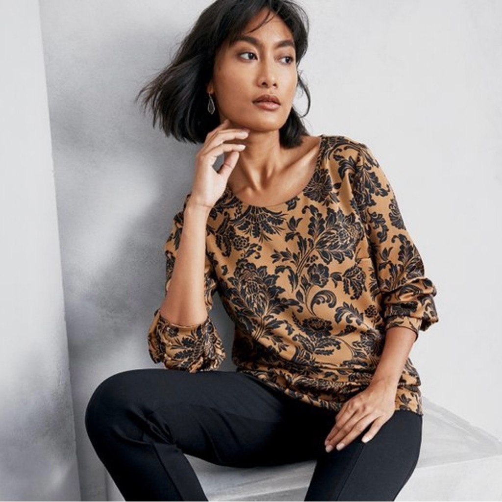 Women’s Size Ps Nwt Soft Surroundings Bronze With Black Print Margulie Blouse